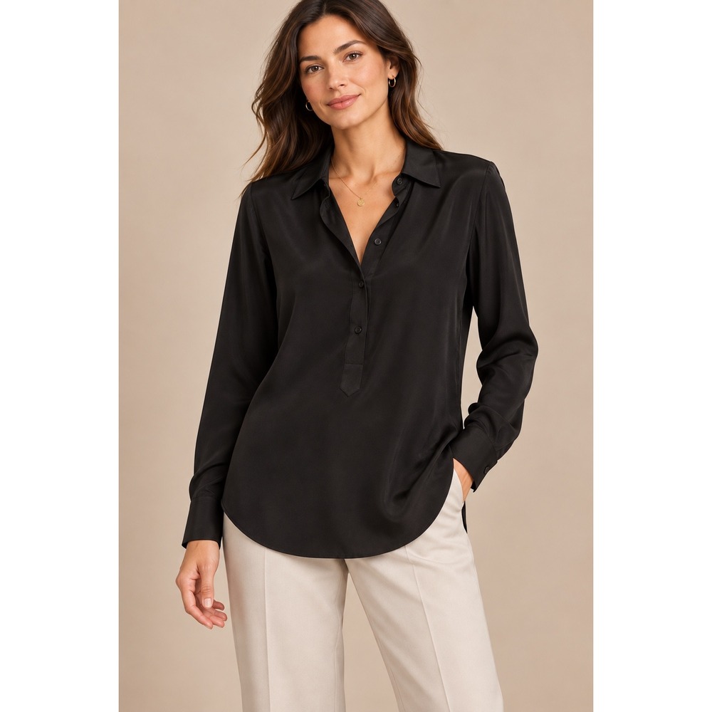 Banana Republic 100% Silk Black Popover Shirt Blouse M Tall